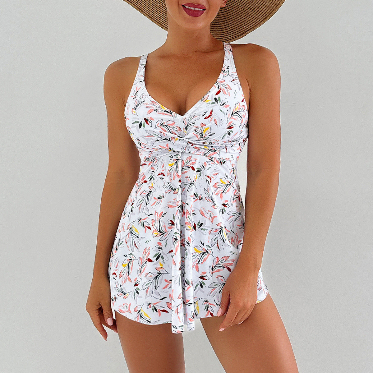 Lonkey Conservative Tankini Print Split Boxer High Waist Swimsuit Women Bikini