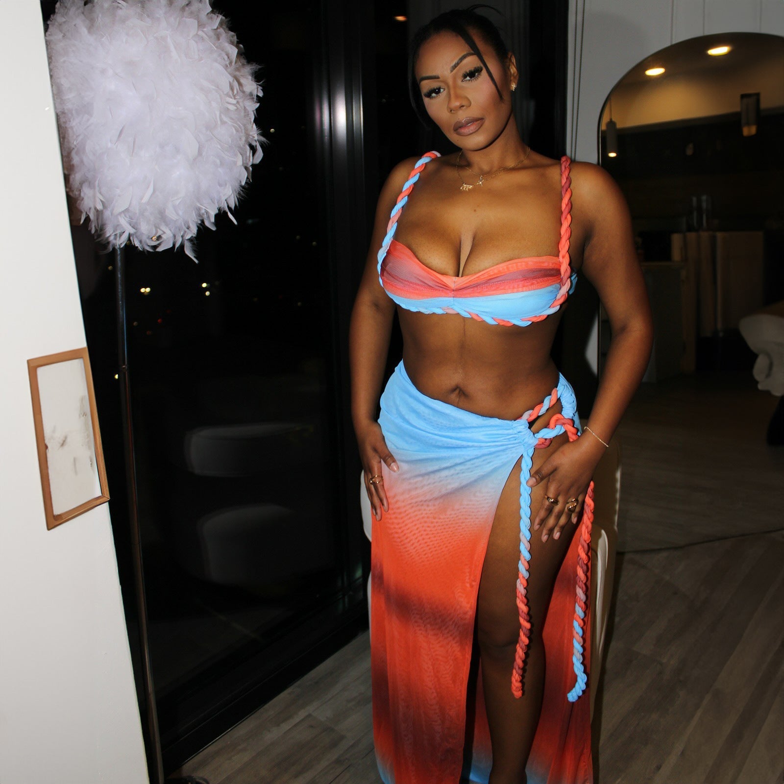 Multicolor woven halter swimsuit top and split skirt set with braided tie straps