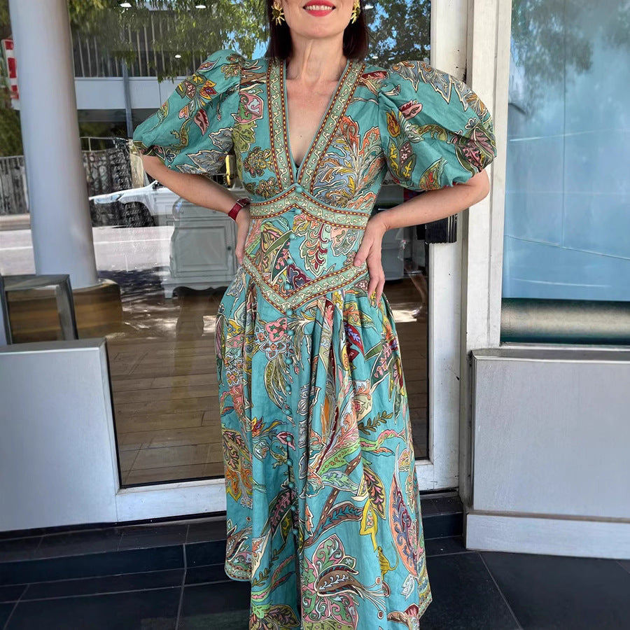 Spring Summer Printed Lantern Sleeve Dress Casual Loose Vacation Dress Women