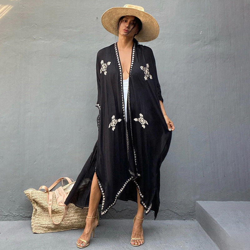 Rayon Embroidered Loose Long Cardigan Beach Sun Protection Coat Beach Cover Up Swimsuit Outwear Women