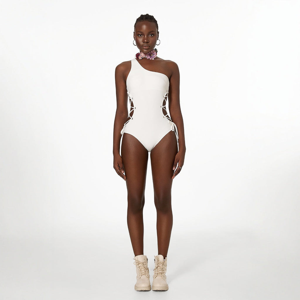 Retro Floral Shoulder Lace up Slimming Sexy Spring Vacation Swimsuit Women