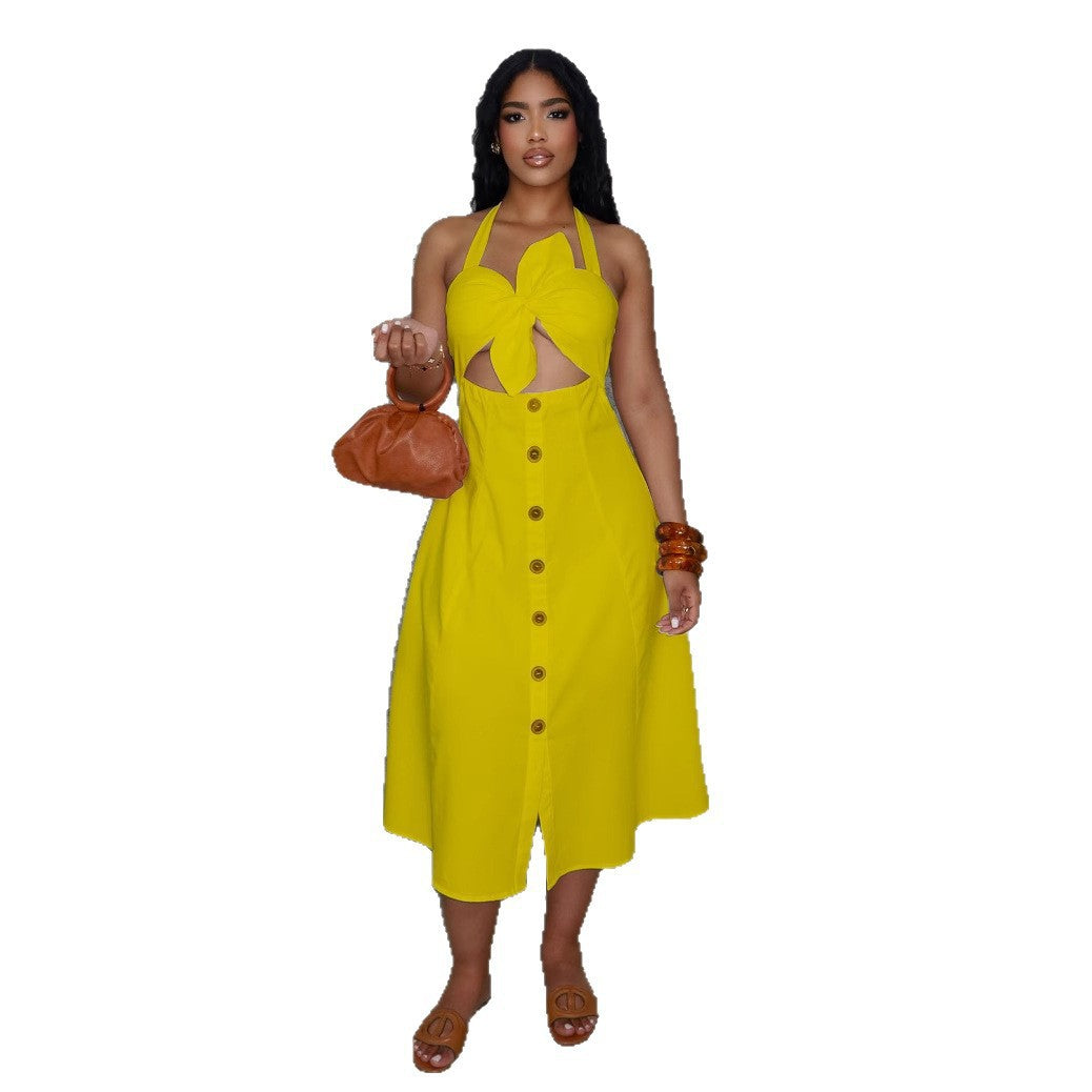 Yellow halter midi dress with twist cutout and smocked bodice, button-front skirt