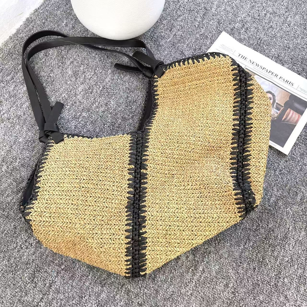 Slouchy Diagonal Stripe Straw Bag – Casual Black-Trim Handheld Tote, Beach Vacation Woven Purse