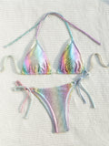 Color Bikini Halter Lace Up Split Swimsuit Backless Advanced Swimsuit Women