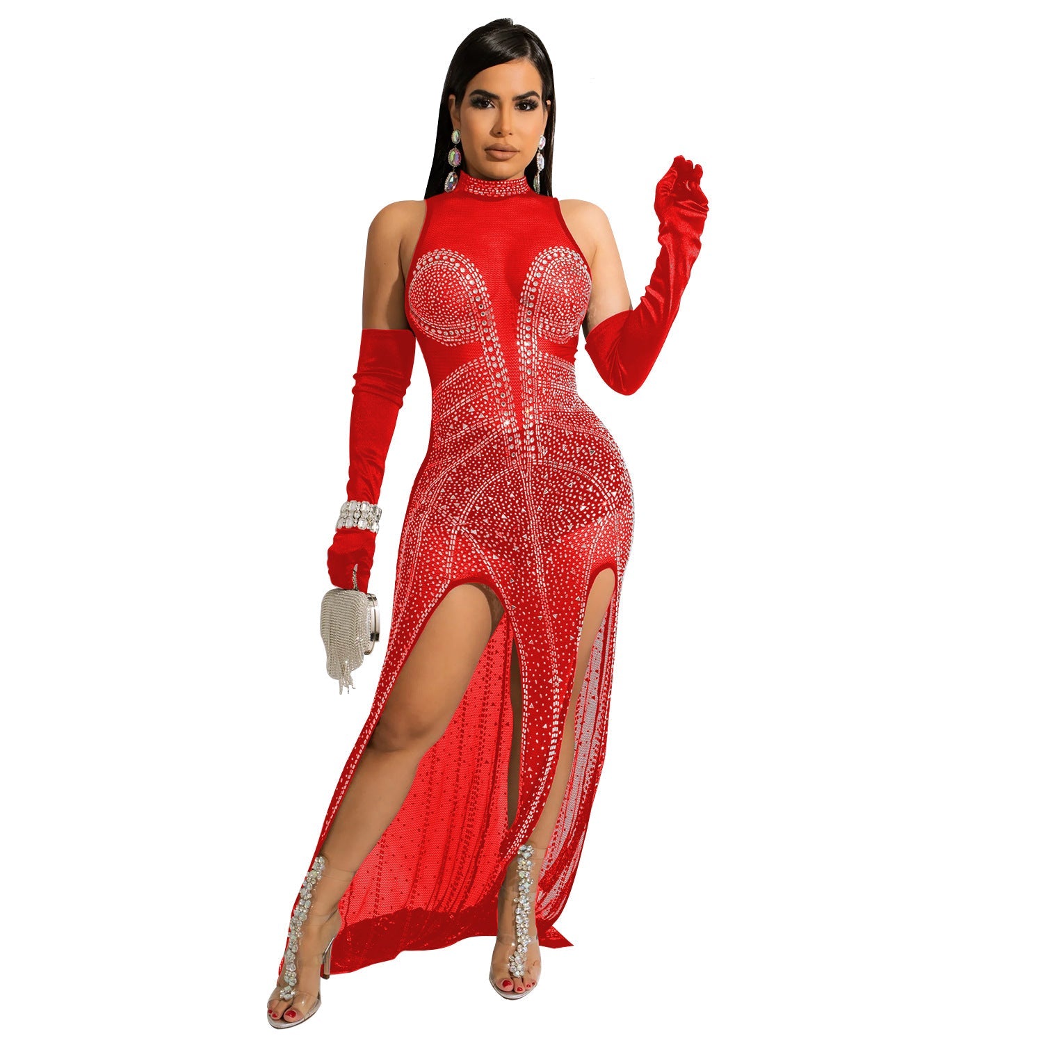 Women’s red mesh rhinestone maxi dress with high neck and thigh-high slit