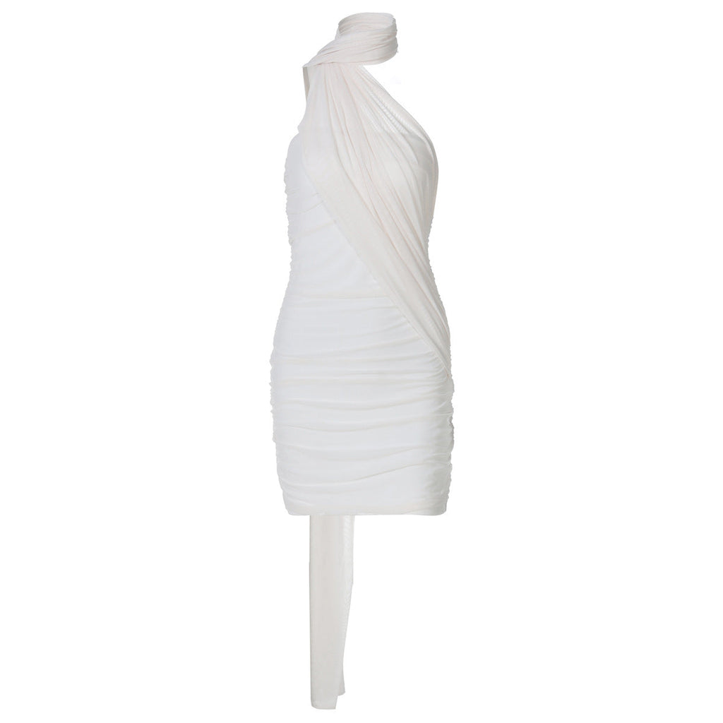 Summer Women Clothing Mesh Stitching Solid Color Ribbon Halter Hip Dress Women