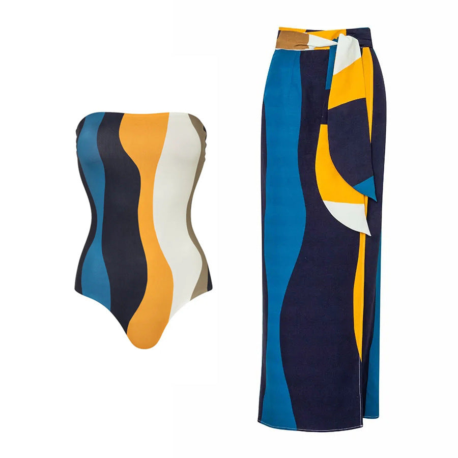 One Piece Triangle Swimsuit Sexy Tube Top Swimsuit Sexy Belt Wrap Skirt