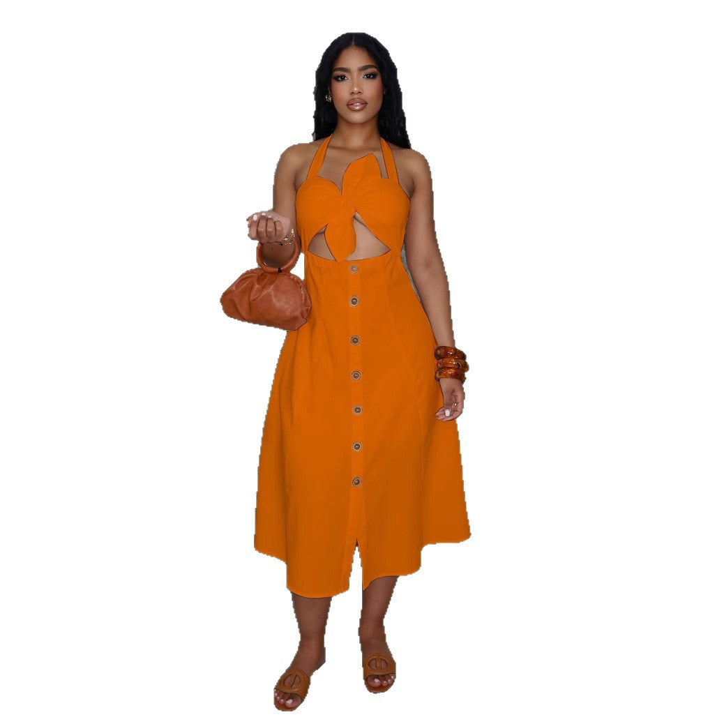 Orange halter midi dress with twist cutout and button-front skirt