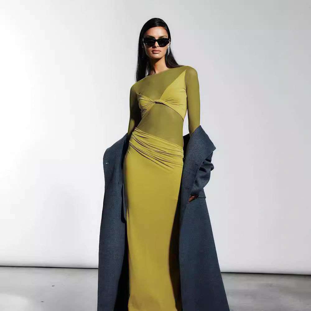 Mesh Stitching Sexy Sheer Long Sleeve Dress Women Maxi Dress