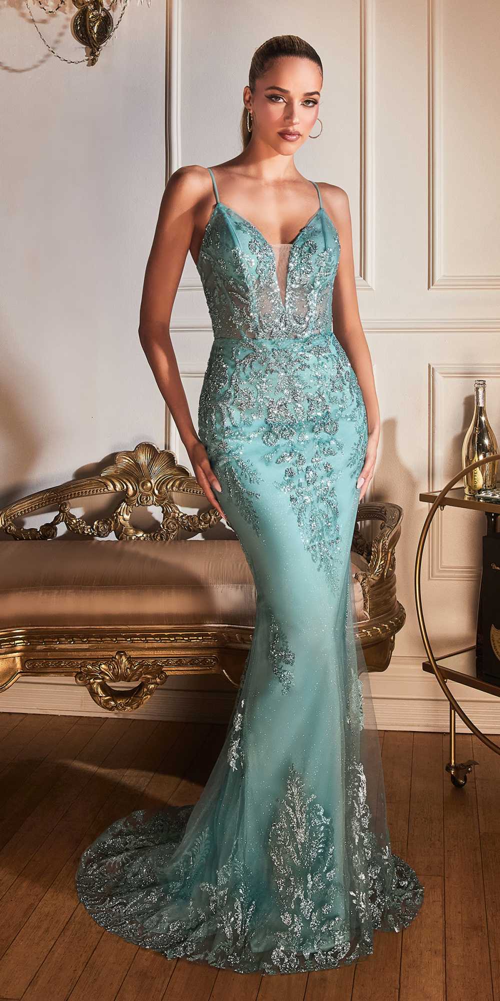Blue glitter formal gown with corset-style bodice, V-neck, mermaid skirt