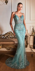Blue glitter formal gown with corset-style bodice, V-neck, mermaid skirt