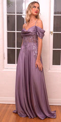 Lavender satin off-shoulder long gown with draped sleeves and embellished bodice