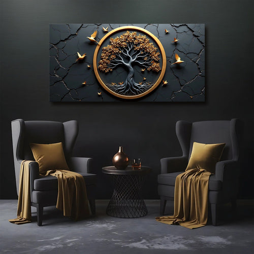 Celtic Tree of Life wall art canvas with dark circular gold-framed tree and birds