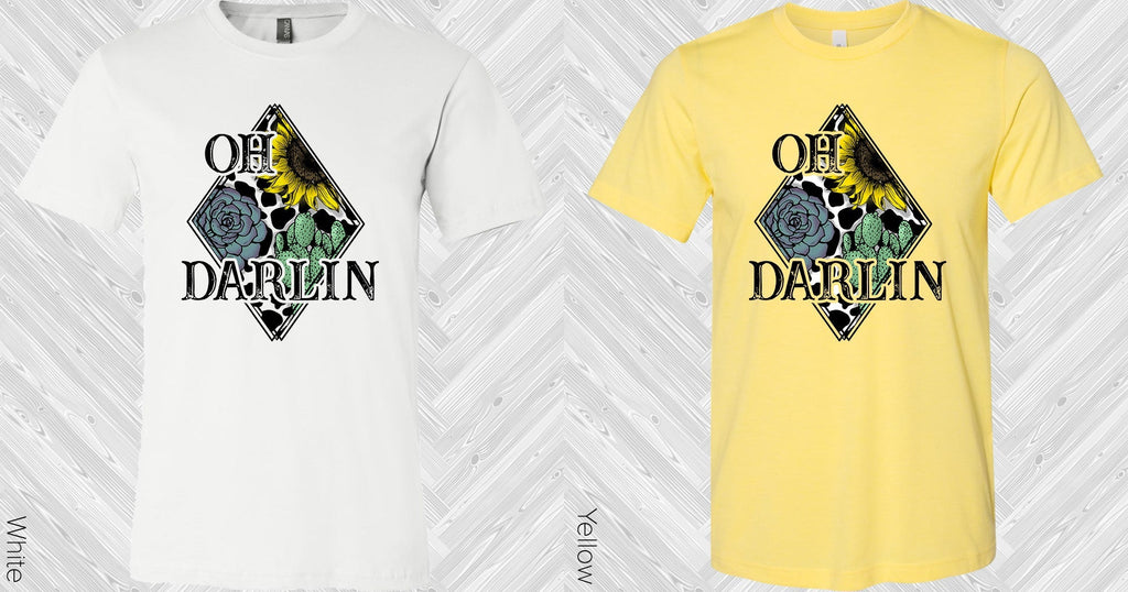 White and yellow 'OH DARLIN' graphic tees with rose logo