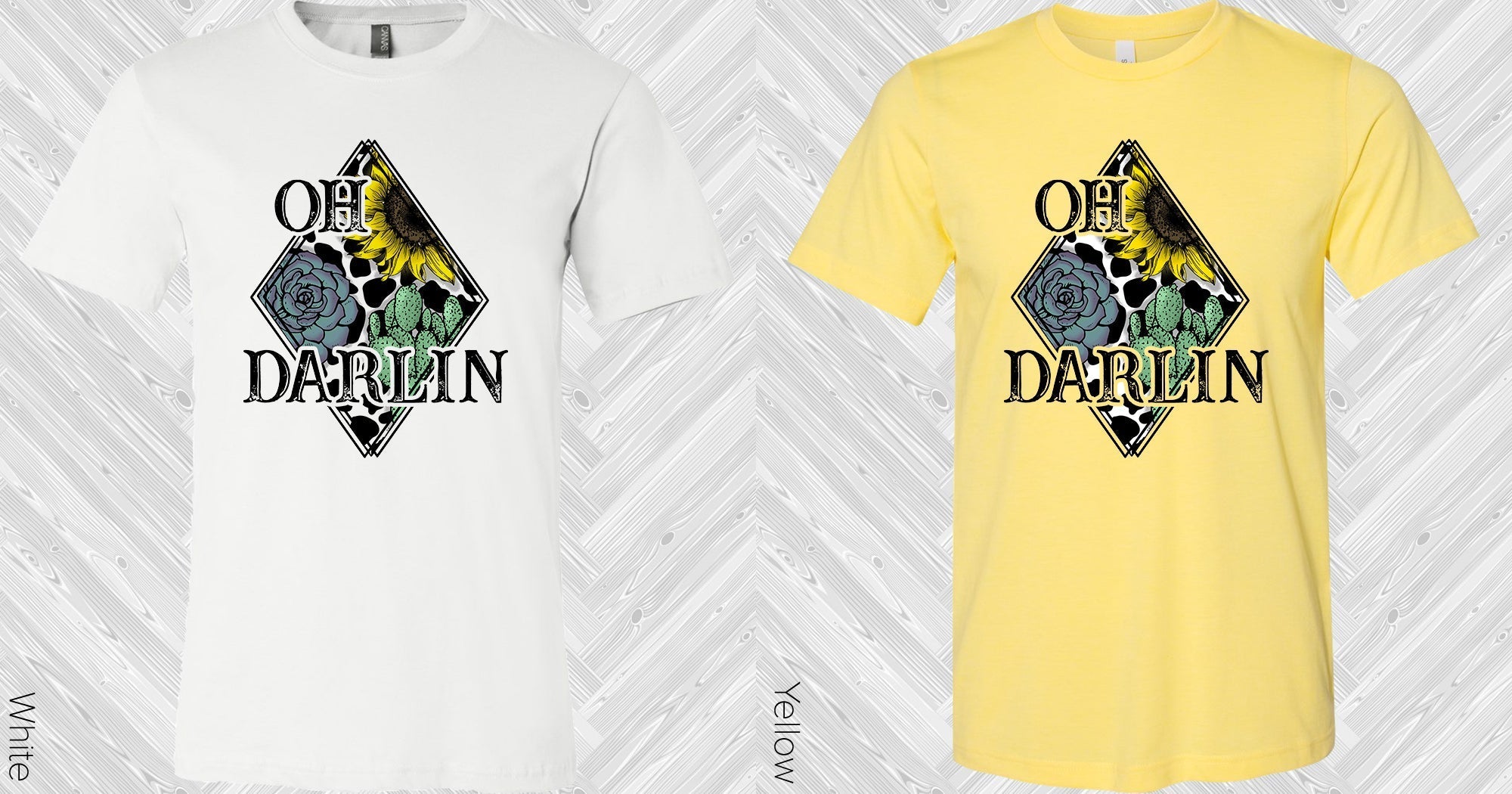 White and yellow 'OH DARLIN' graphic tees with rose logo