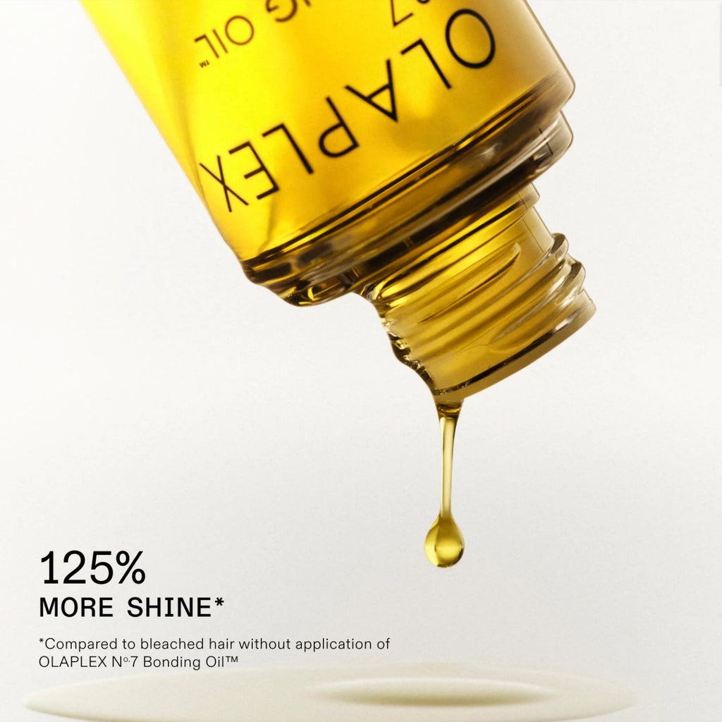 Olaplex No. 7 Bonding Oil golden drop being dispensed from bottle spout