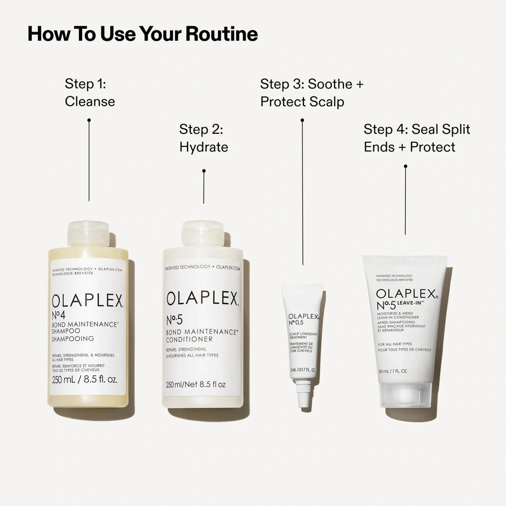 Hair cleansing routine set with shampoo bottles and conditioner tubes