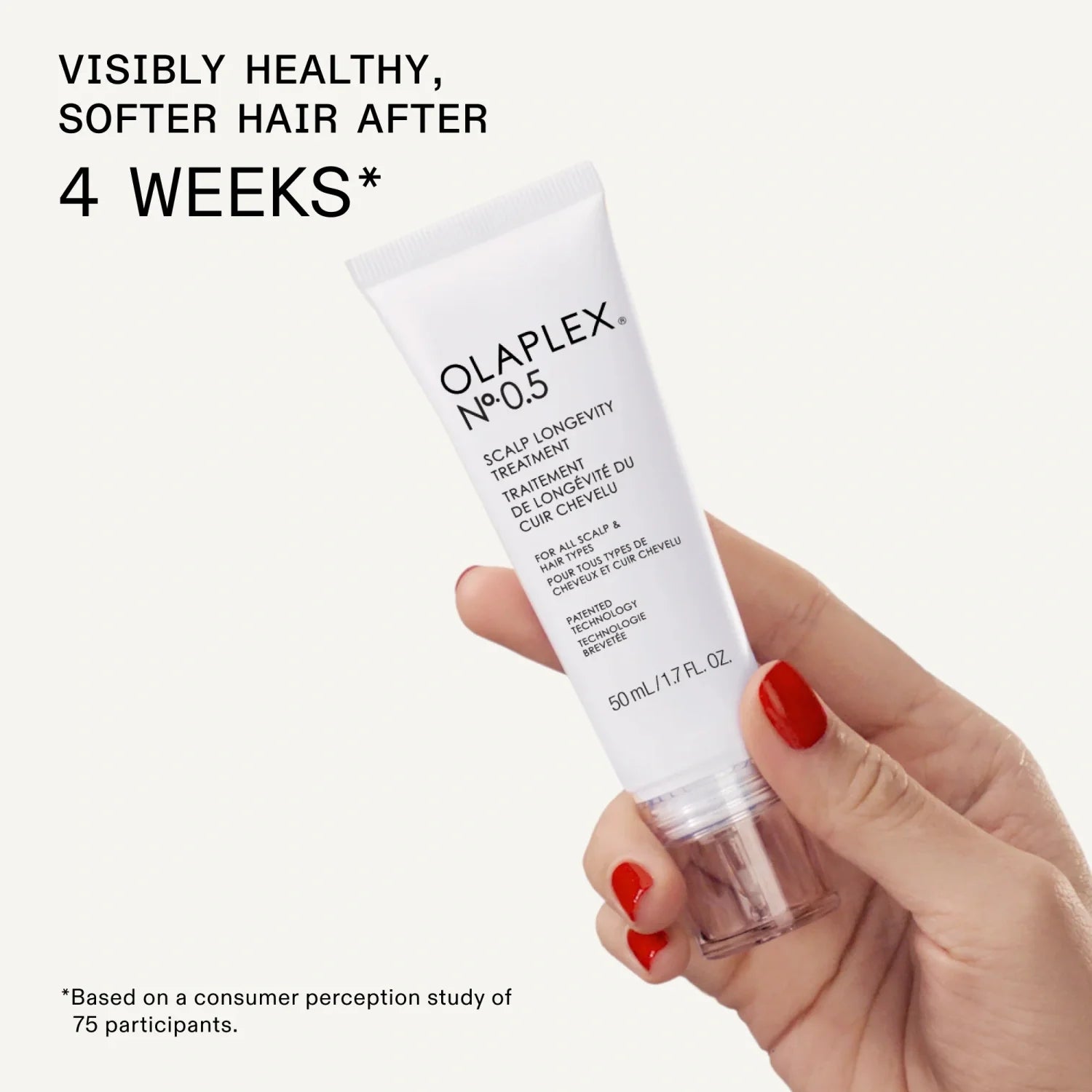 Scalp longevity treatment tube held in a person’s hand