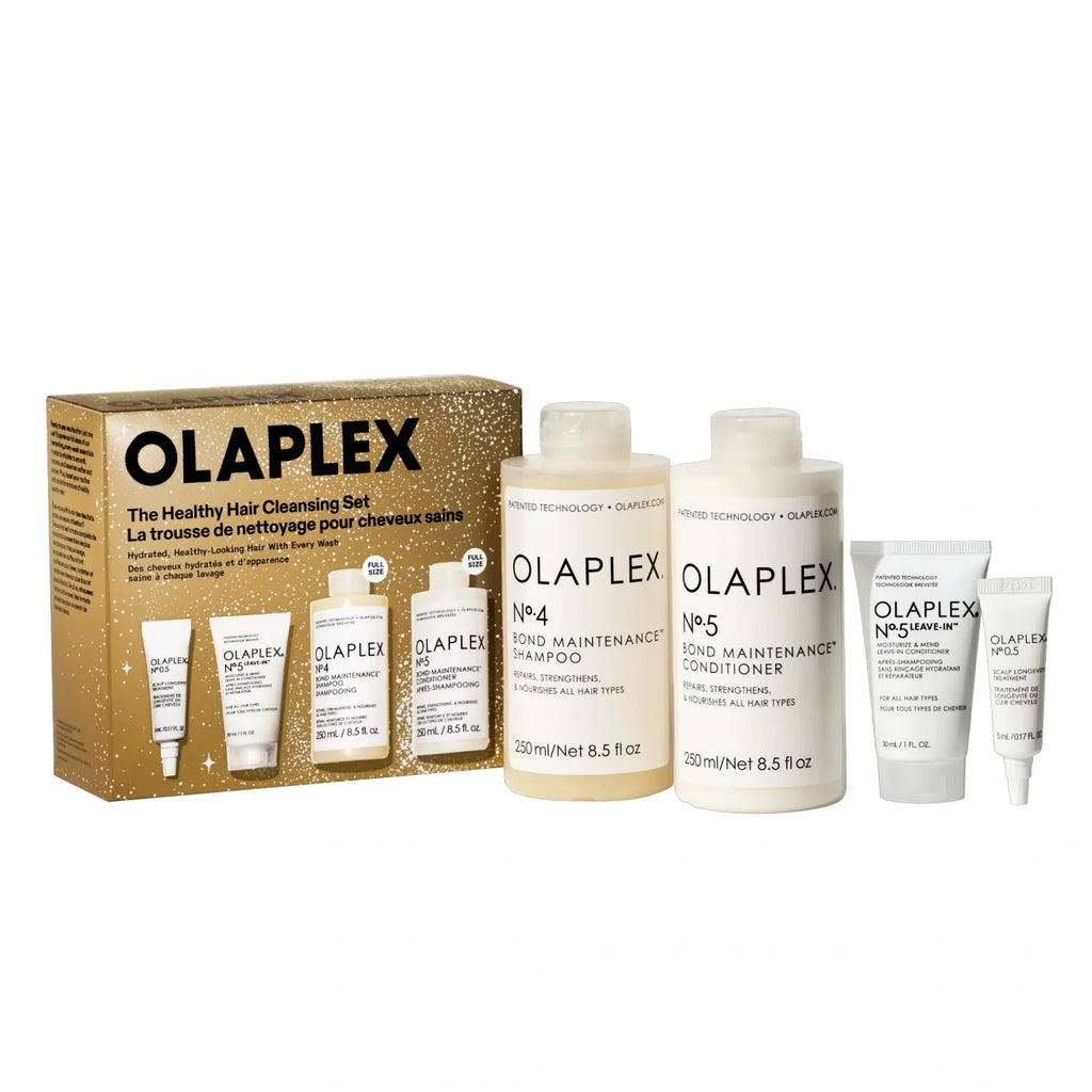 Hair cleansing set box with multiple hair care bottles and tubes