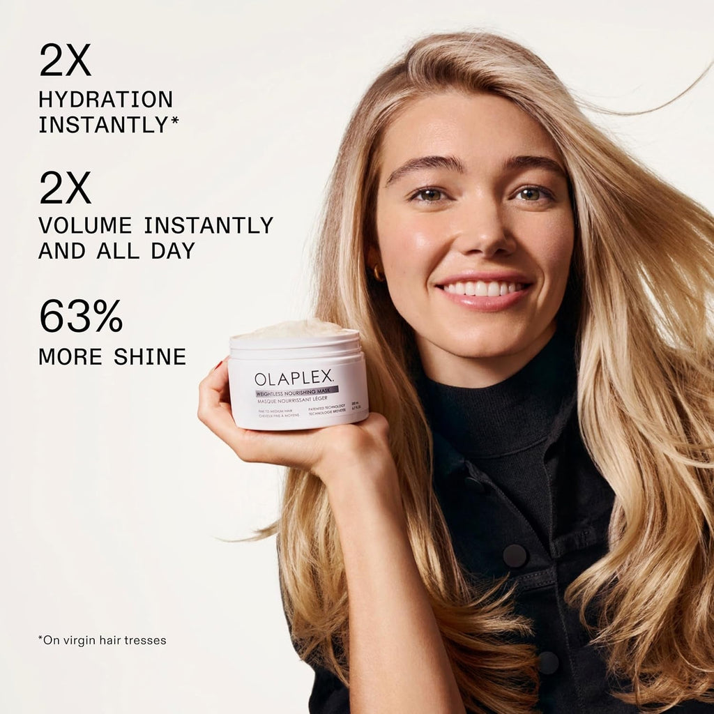 Olaplex Weightless Nourishing Mask jar held by smiling woman, cream label