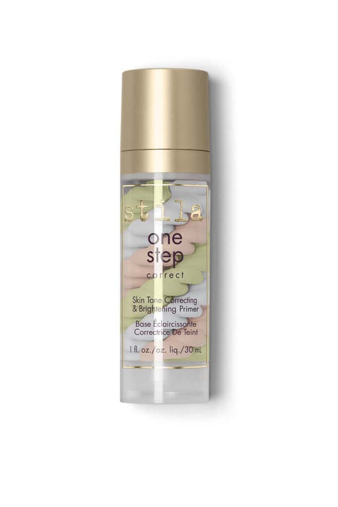 Skin tone correcting primer bottle with gold cap, clear body, One Step Correct label