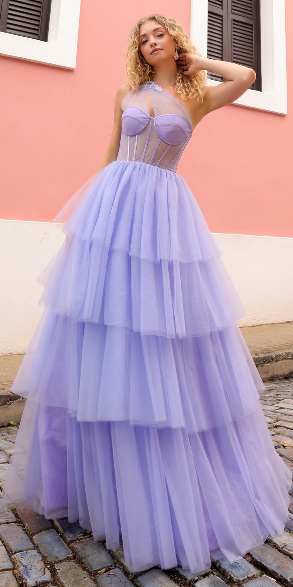 Lilac tiered tulle ball gown with corset-style bodice and A-line layered skirt