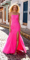 Hot pink square-neck tulle slit dress with fitted bodice, thin straps, long flowing skirt