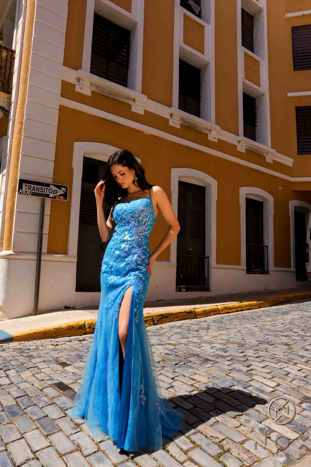 Ocean blue square-neck tulle slit dress with fitted silhouette and side slit, back view
