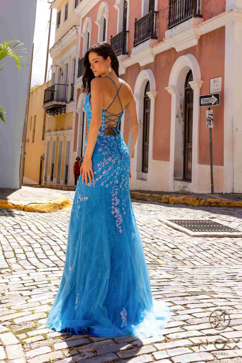 Ocean blue tulle slit dress with crisscross back straps and floral appliques, long skirt