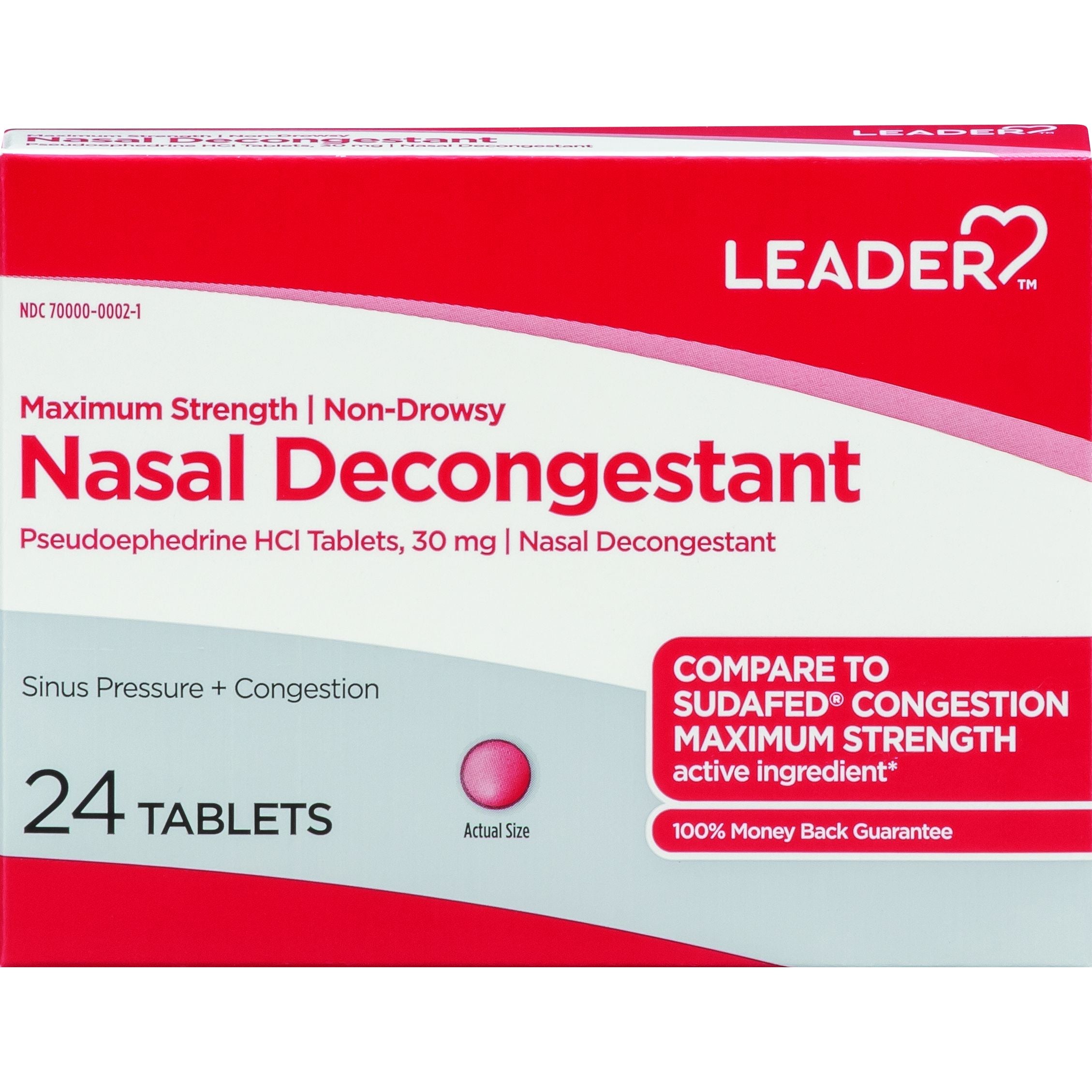 Leader Nasal Decongestant Maximum Strength (30mg), 24ct