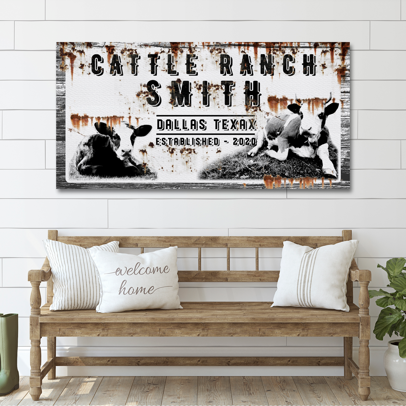 Cattle Ranch vintage sign canvas wall art with cattle figures and distressed SMITH text