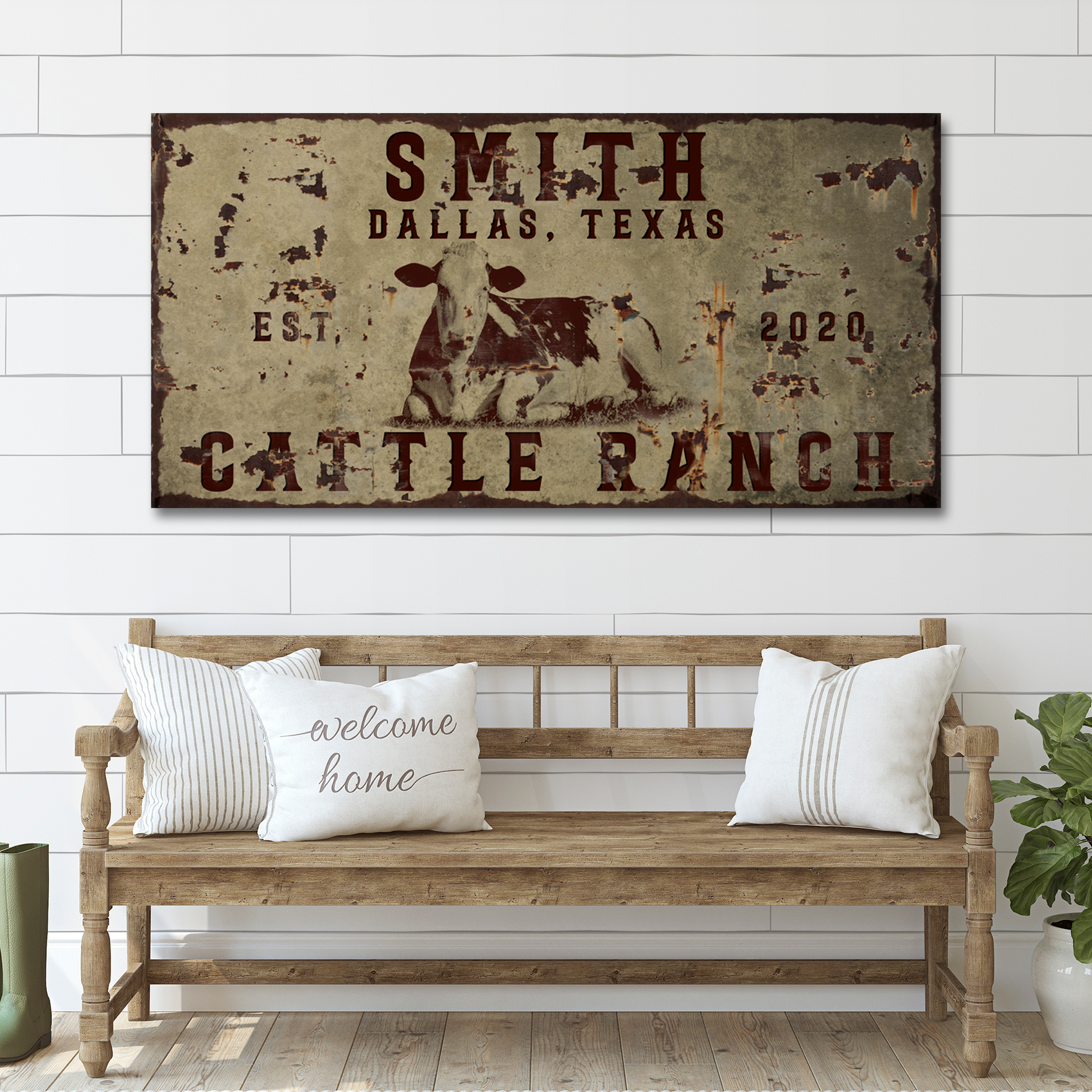 Cattle Ranch vintage sign canvas with sepia ranch scene and bold CATTLE RANCH lettering