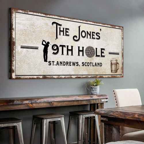 Personalized 19th hole golf sign with cream background and dark framed typography
