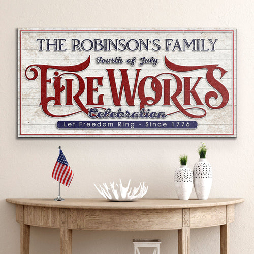 Personalized fireworks celebration wall sign with 'The Robinsons Family' text