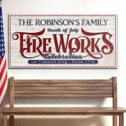 Personalized 4th of July fireworks celebration wall sign, red and white lettering