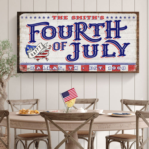 Personalized Fourth of July welcome canvas sign with patriotic 'Happy' banner and stars