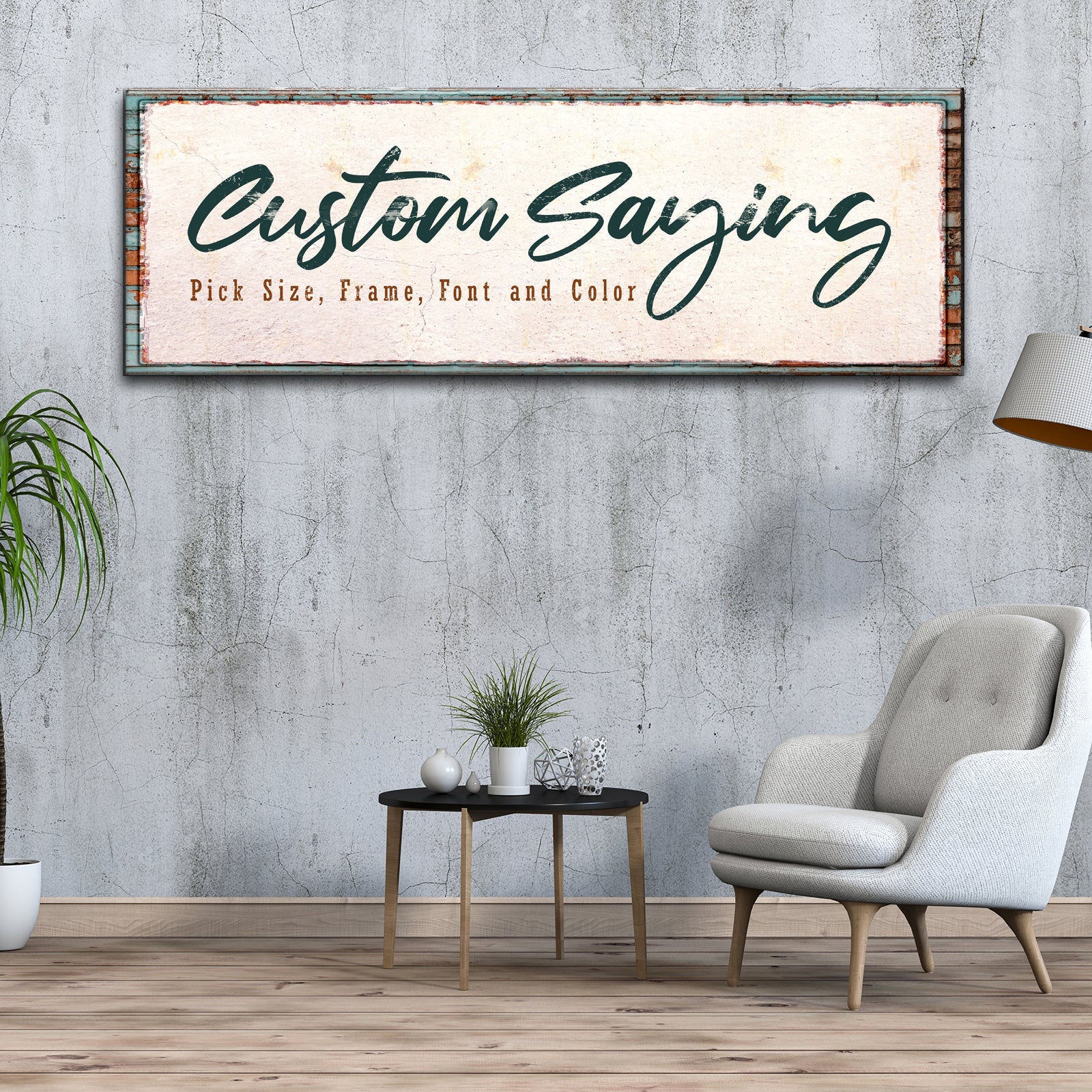 Framed canvas custom saying sign with green cursive text on cream background