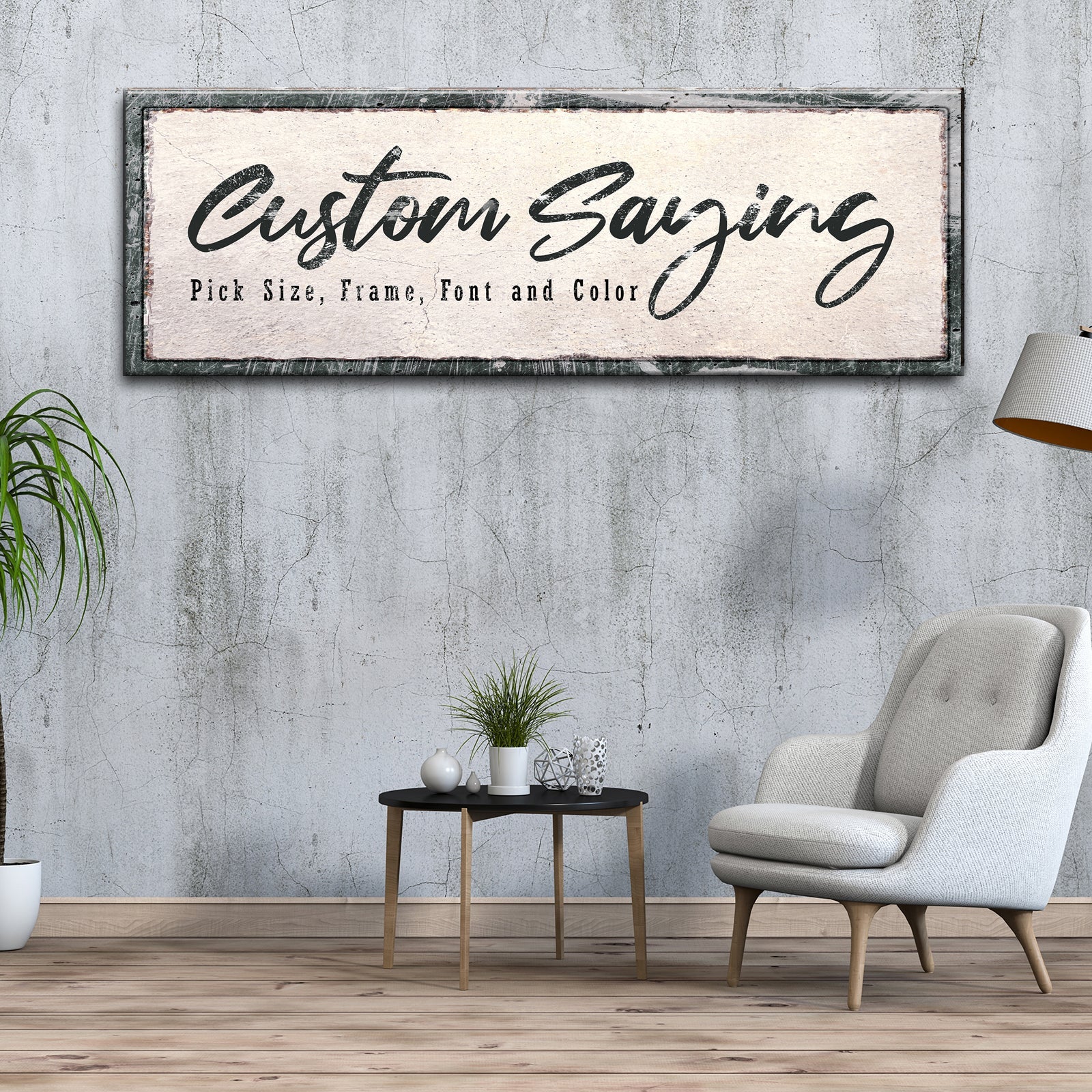 Framed canvas custom saying sign with black cursive text on cream background