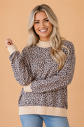 Leopard Ribbed Trim High Neck Long Sleeve Sweatshirt