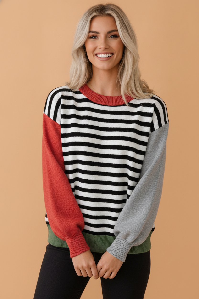 Stripe Colorblock Ribbed Trim Long Sleeve Sweater