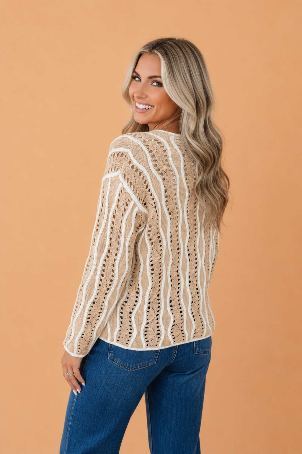Colorblock Wavy Pointelle Knit Long Sleeve Sweater