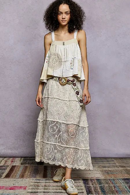 Floral Embroidered Maxi Skirt with Tiered Crochet Design