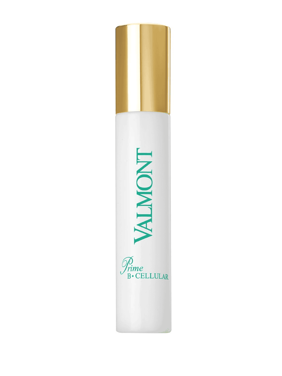 Valmont Prime B-Cellular serum bottle with gold cap and white teal-labeled tube