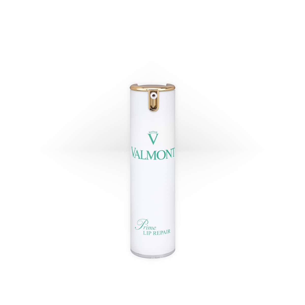 Valmont Prime lip repair balm in white cylinder with gold cap and green logo