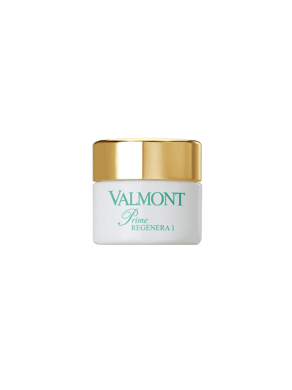 Skincare jar with gold cap, white base, and Valmont Prime Regenera I label