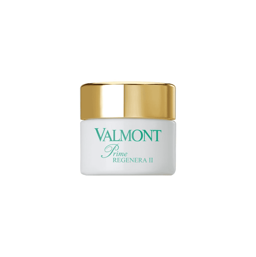 Valmont Prime Regenera II cream jar with gold lid and white container