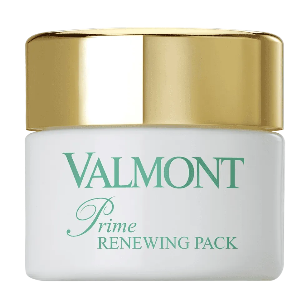 Valmont Prime Renewing Pack mask jar with gold lid and white container