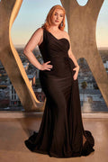 Long one-shoulder satin gown in dark black with asymmetric neckline and draped side sash