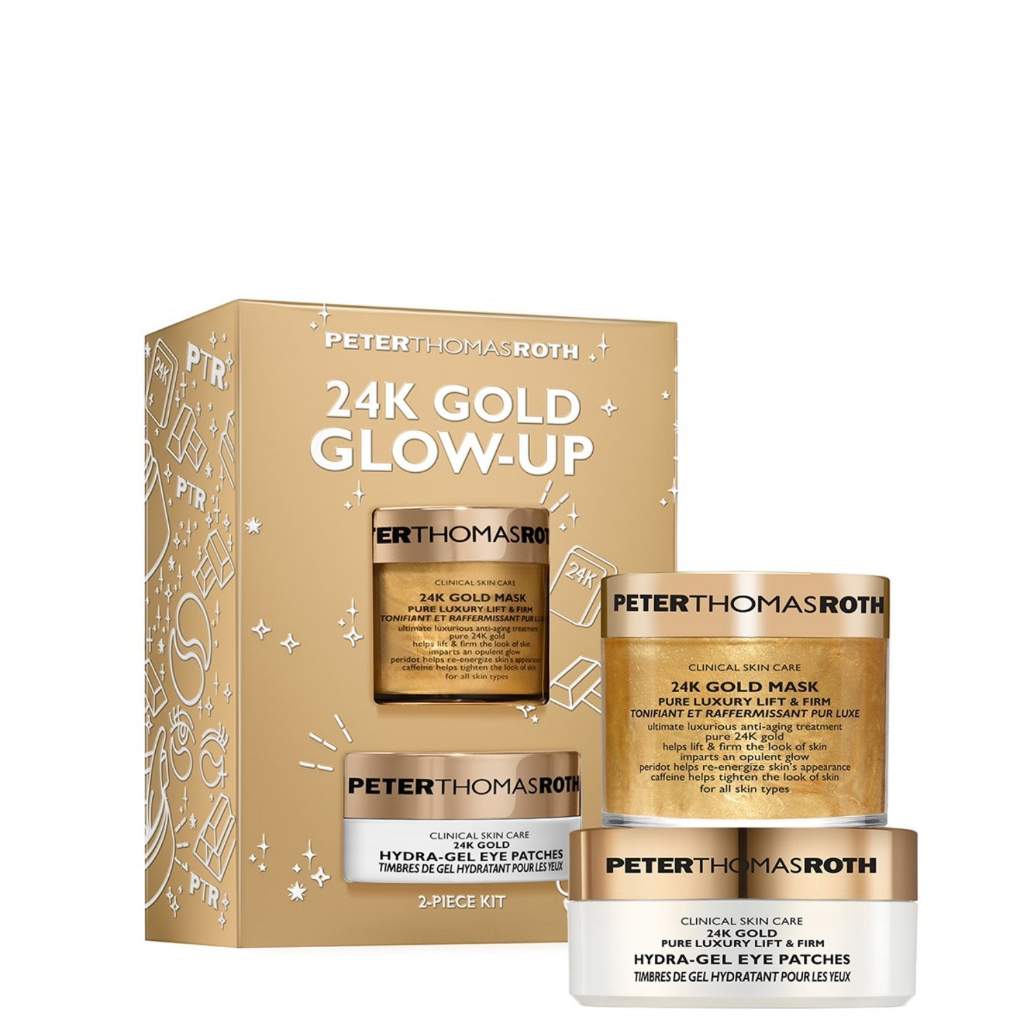 Peter Thomas Roth 24K Gold Glow-Up duo set: gold mask jars and eye patches