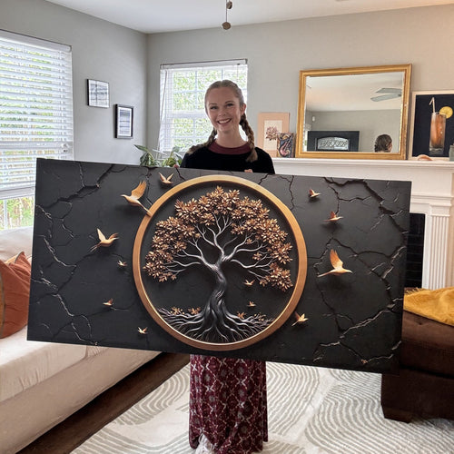 3D Celtic Tree of Life wall art with gold tree in an oval frame and flying birds